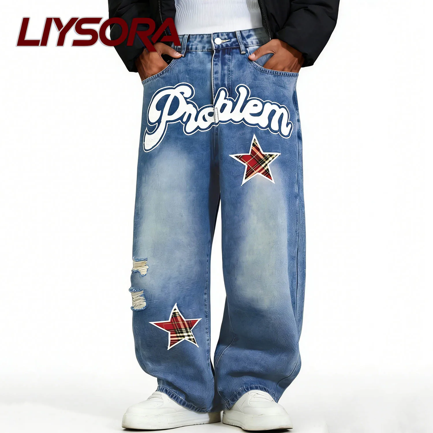 

Korean Style Men's Blue Retro Embroidered Baggy Wide-Led Jeans Male Patchwork Street Hole Skateboard Denim Pants Unisex Clothes