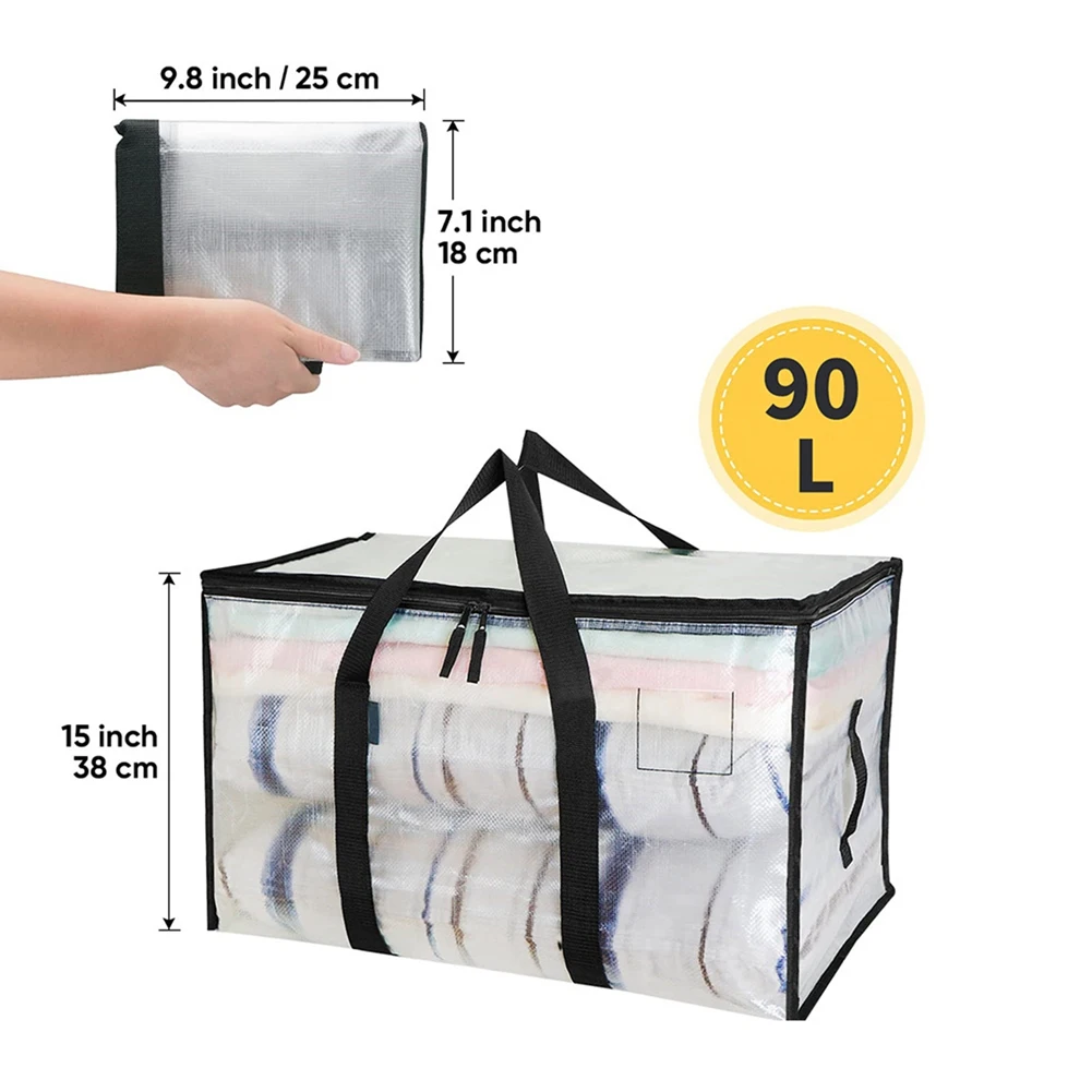 Clear Moving Bags Heavy Duty - 4 Pack 90L Storage Bags with Strong Handles, Zipper, Waterproof, Semi-Transparent