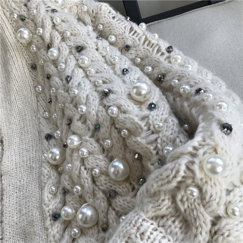 Good Quality Pearl Beading Sweater Cardigan Coat Handmade Diamonds Thick Coat Long Sleeve Autumn Winter Women Clothing 39922