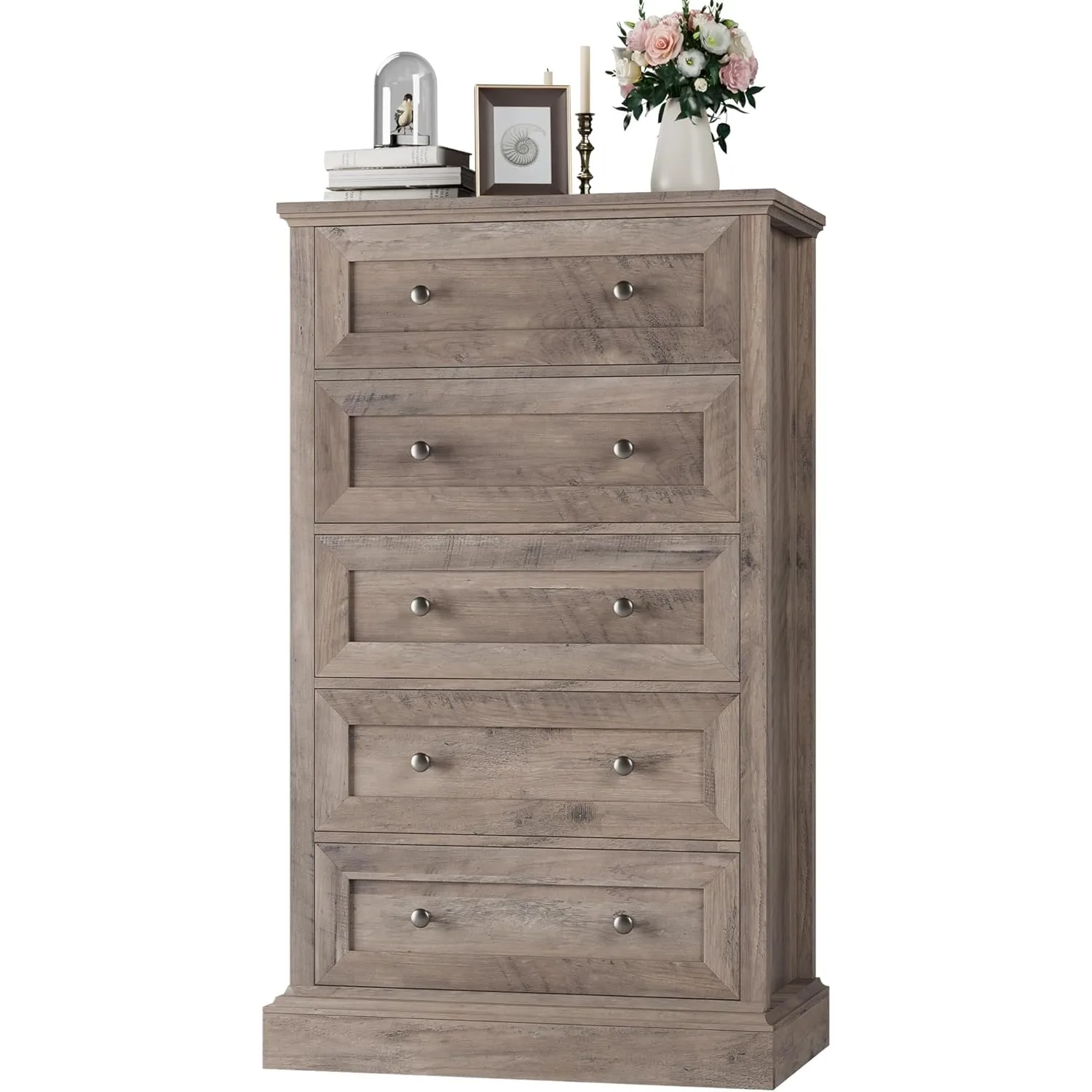 5 Drawer Dresser Tall with 5 Drawers Chest of Cabinet Wood for Hallway Living Room Wash Gray