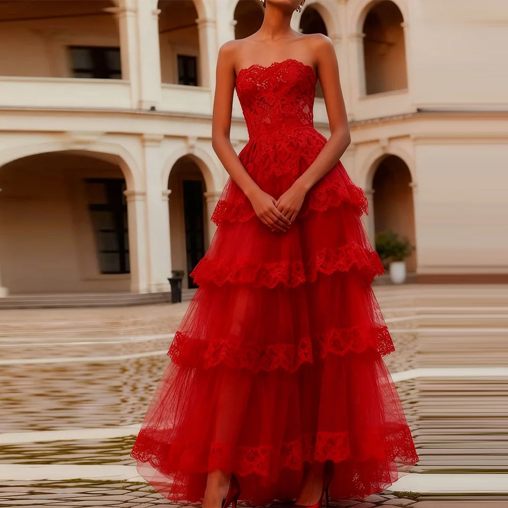 

High Quality A-Line Red Strapless Evening Dress Customized Sleeveless Prom Dress Fashion Lace Tiered Bespoke Occasion Gowns