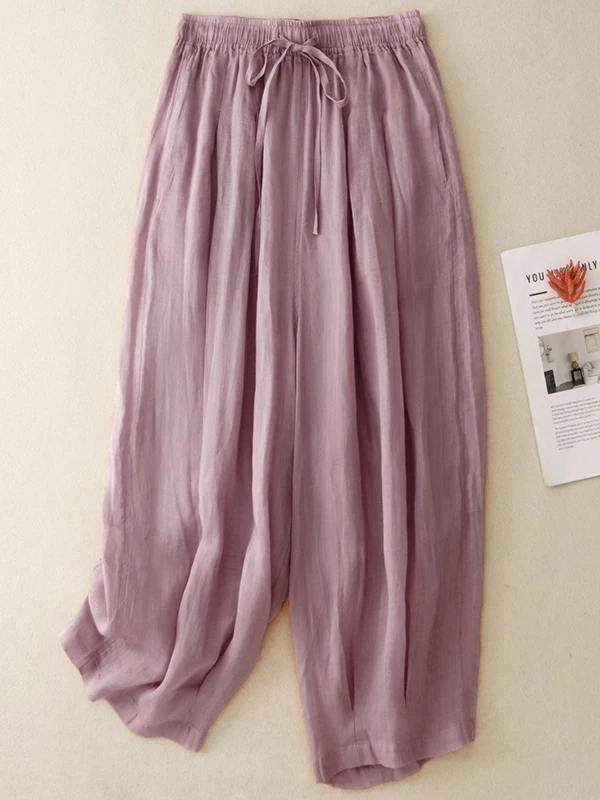 

Retro Cotton Linen Wide Leg Pants Women Loose Slimming Casual Double Layer Nine Points Trousers High Waist Straight Cut