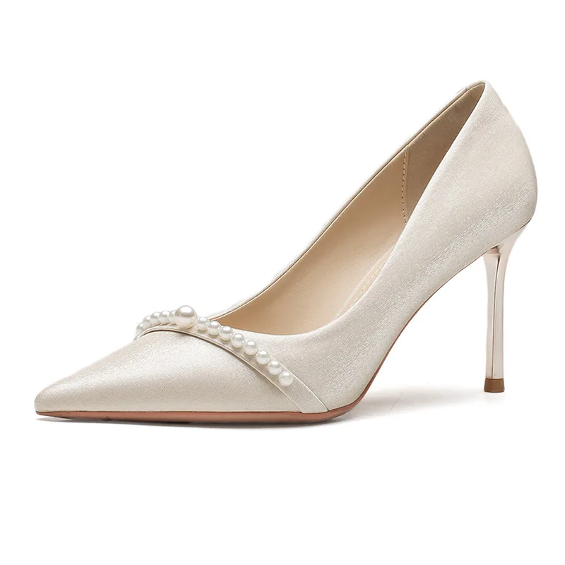 

Свадебные туфли на высоком каблуке, новое женское свадебное платье Xiuhe, туфли на шпильке с острым носком во французском жемчуге.