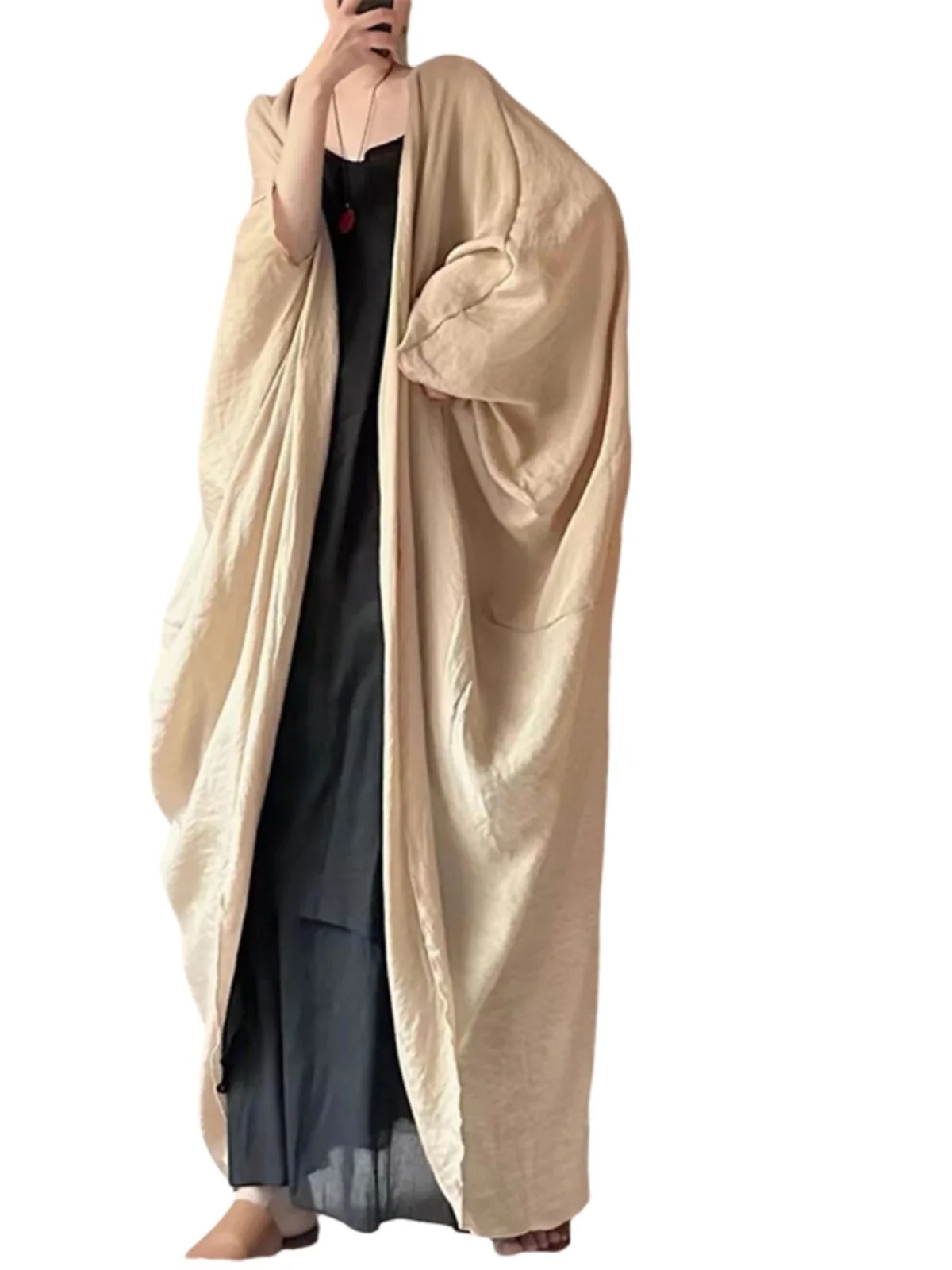 ملابس خارجية للنساء من Retro Zen Batwing Sve للحماية من الشمس أوائل الخريف، سترة صوفية طويلة فضفاضة ذات ملمس مفتوح