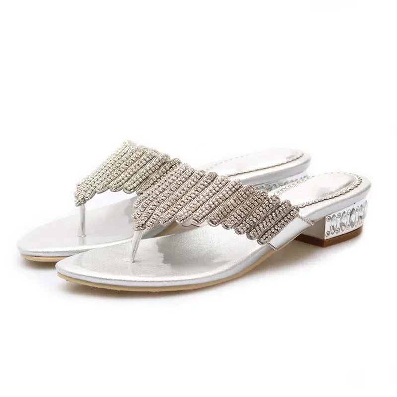 HOVINGE Sliders Shoes Women Summer Footwear Low Heel Silver Rhinestone Gold