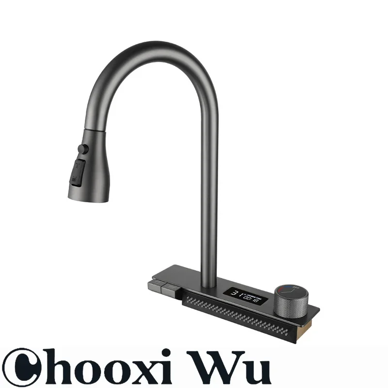 Kitchen pull-out sink faucet set intelligent digital display all-copper valve core multi-function water outlet