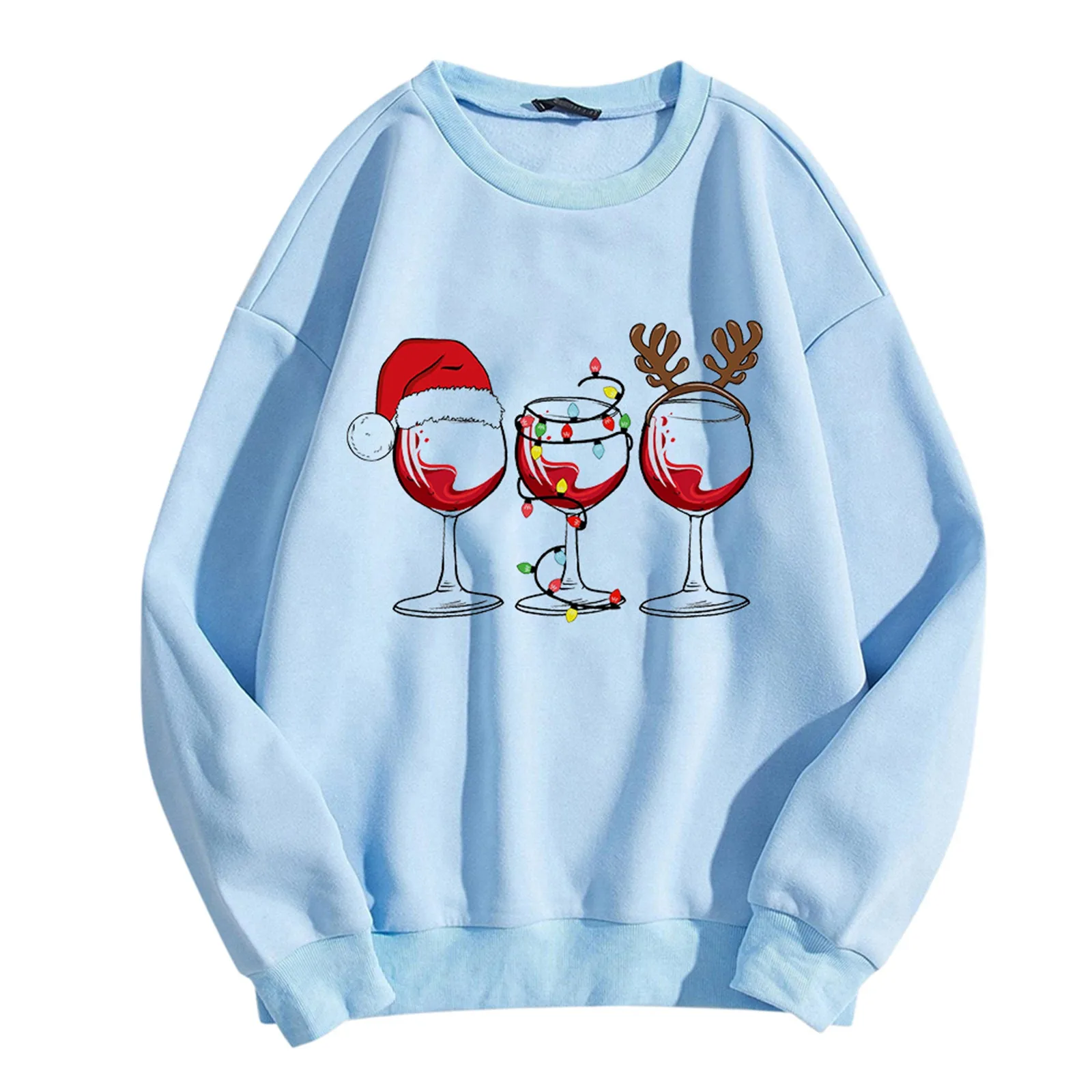 Sweat-shirt de Noël imprimé 3D avec verre à vin rouge, col rond, haut de sport PVD, pull de fête de vacances, cadeau de Noël