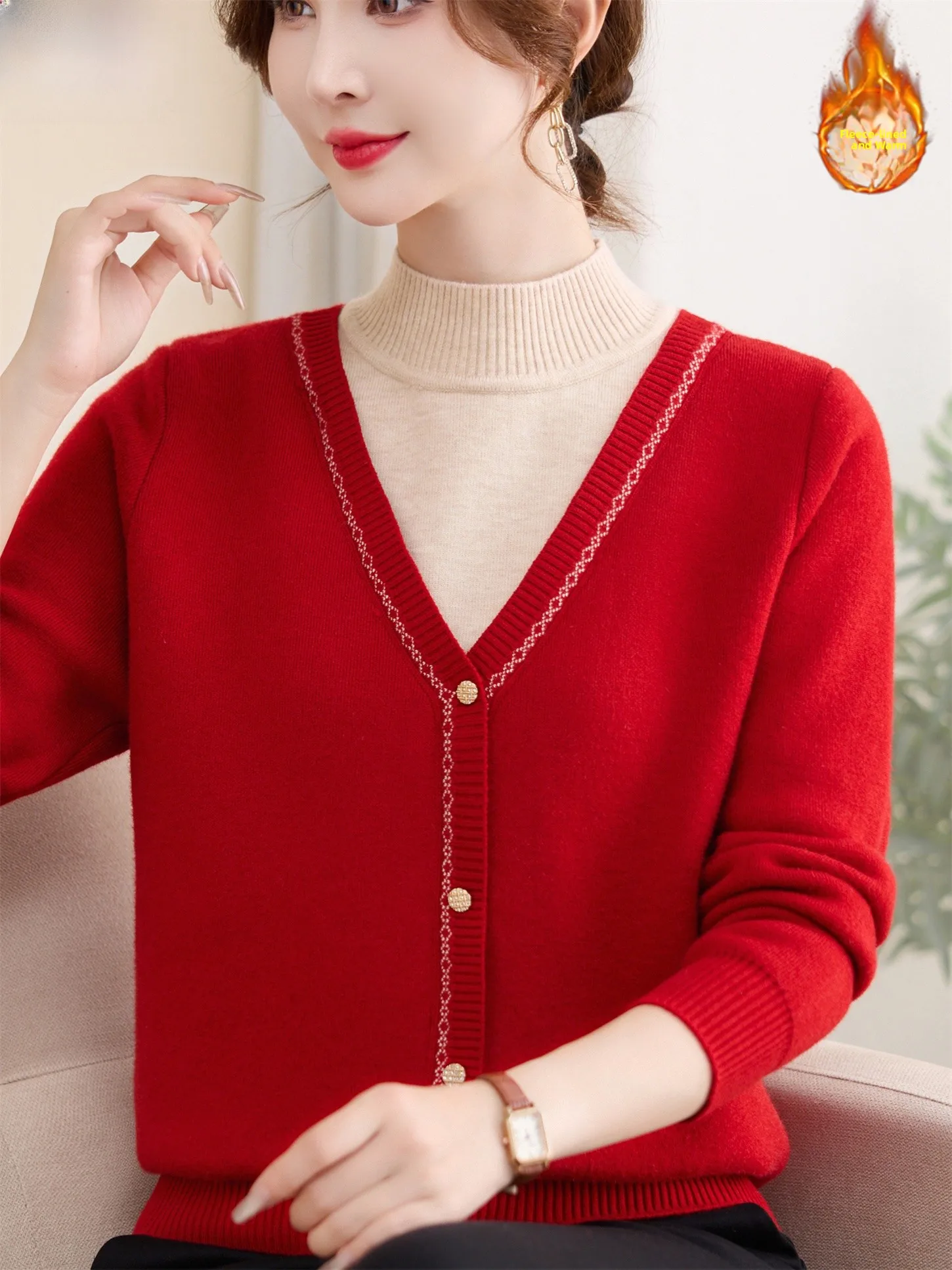 

Вязаная основа Thiened Fce на подкладке, теплый модный зимний свитер для женщин среднего возраста и ly, интегрированный бархат