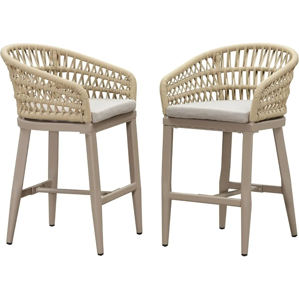 Juego de 2 taburetes de bar de ratán para exteriores, 24 pulgadas de altura de mostrador, taburete de bar tapizado moderno para patio con respaldo para interiores y exteriores