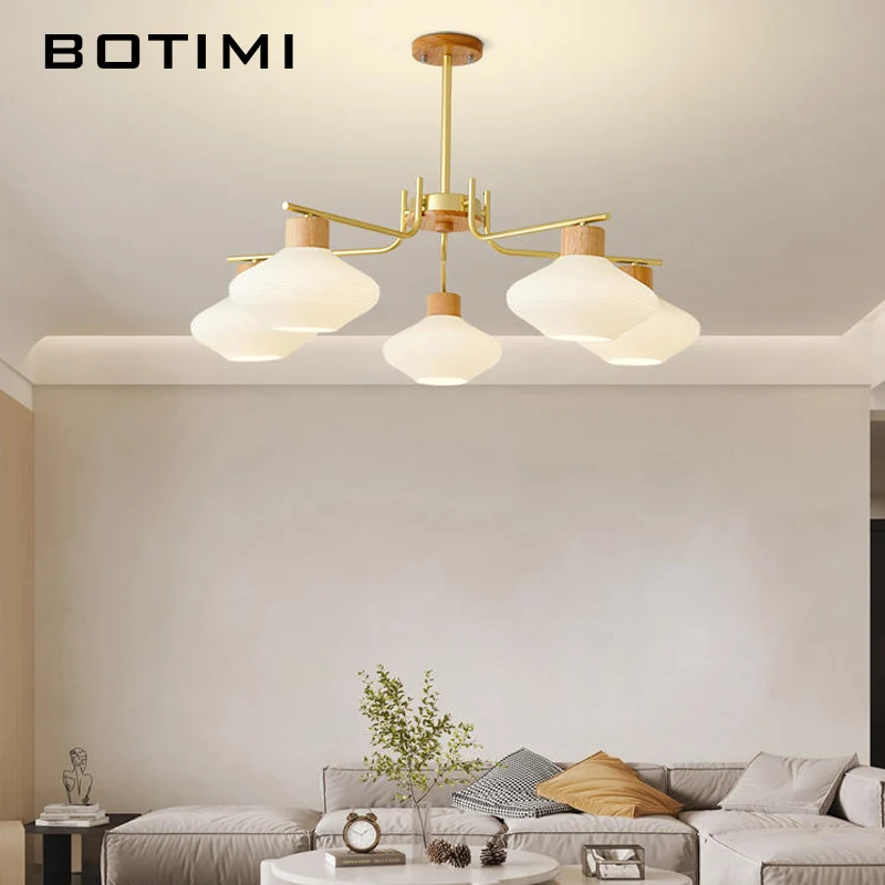 BOTIMI Simple design Solid Wood Chandelier With White Glass Lampshades For Foyer Designer Wooden Bedroom Lights Nordic Lustre