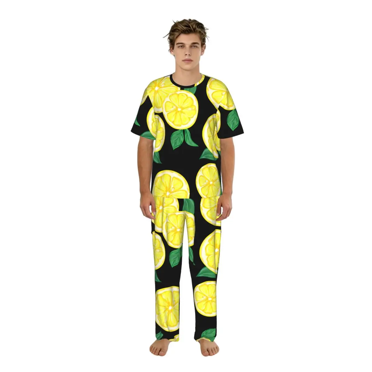 

Men's Pajamas Set Summer Short-Sleeve Tops + Long Pants Nightwear Home Wear Suits Yellow Lemon And Green Leaves Sleepwear