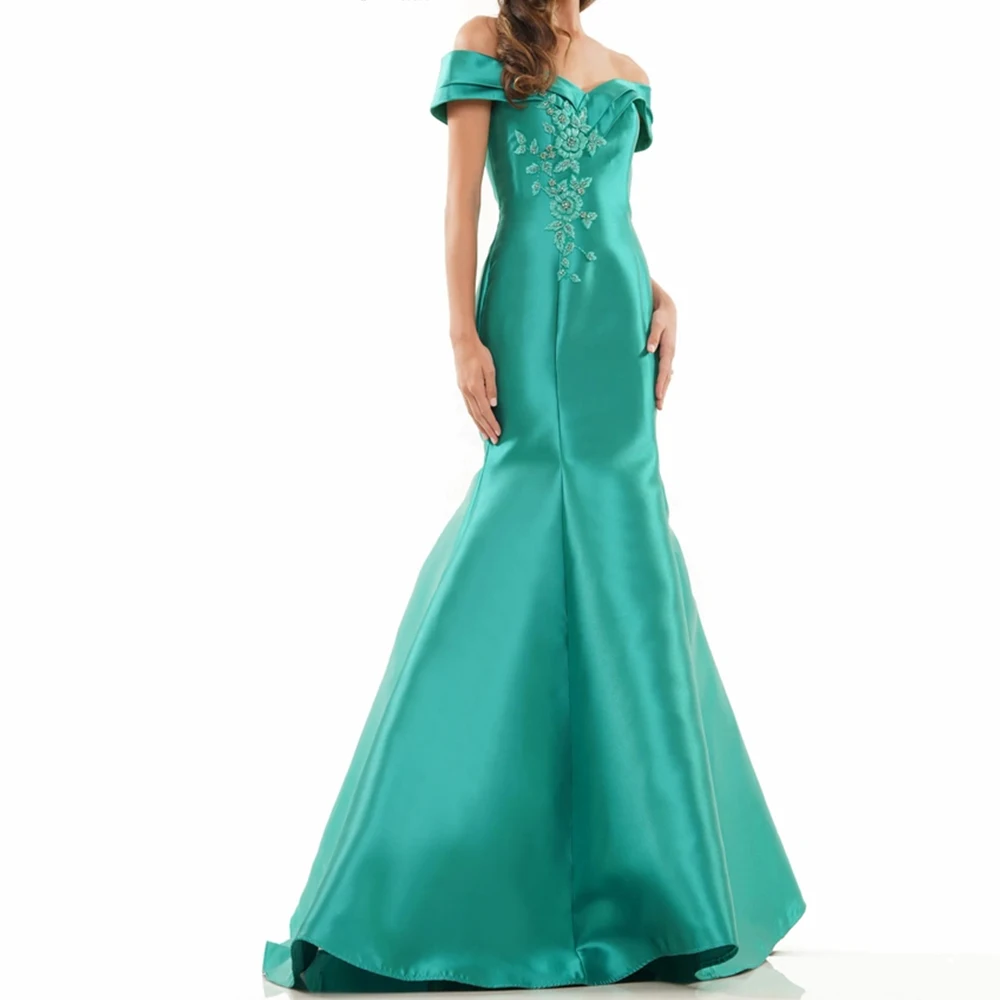 

Customized Classic Pleats Appliques Crystal Evening Dresses Graceful Mermaid Off the Shoulder Short Sleeves Green Party Gowns