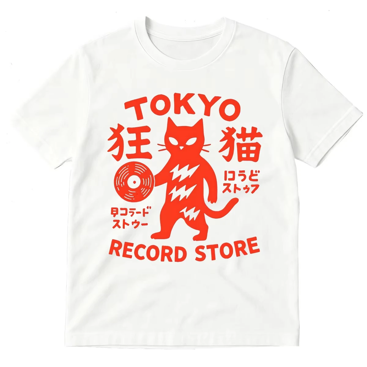 Okyo Record Store Cat Vinyl Record Player Rock Dj Band T-shirts Y2K Funny Tee TOversized Casual Clothing Print T Shirts Unisex