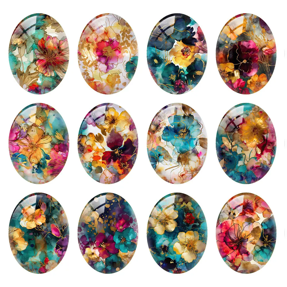 

10pcs/lots Oval Photo Glass Cabochon Watercolor Flower Charms Demo Flat Back Cameo For Diy Jewelry Making Findings Accessories