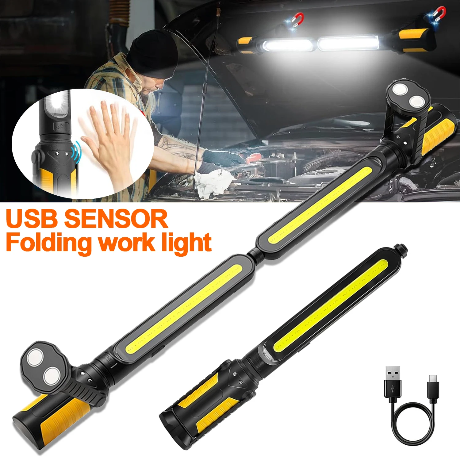Portable Sensor Foldable Work Light Rechargeable Flashlight with Stand Magnetic Hook Car Repair Lamp 4400mAh Emergency Lantern