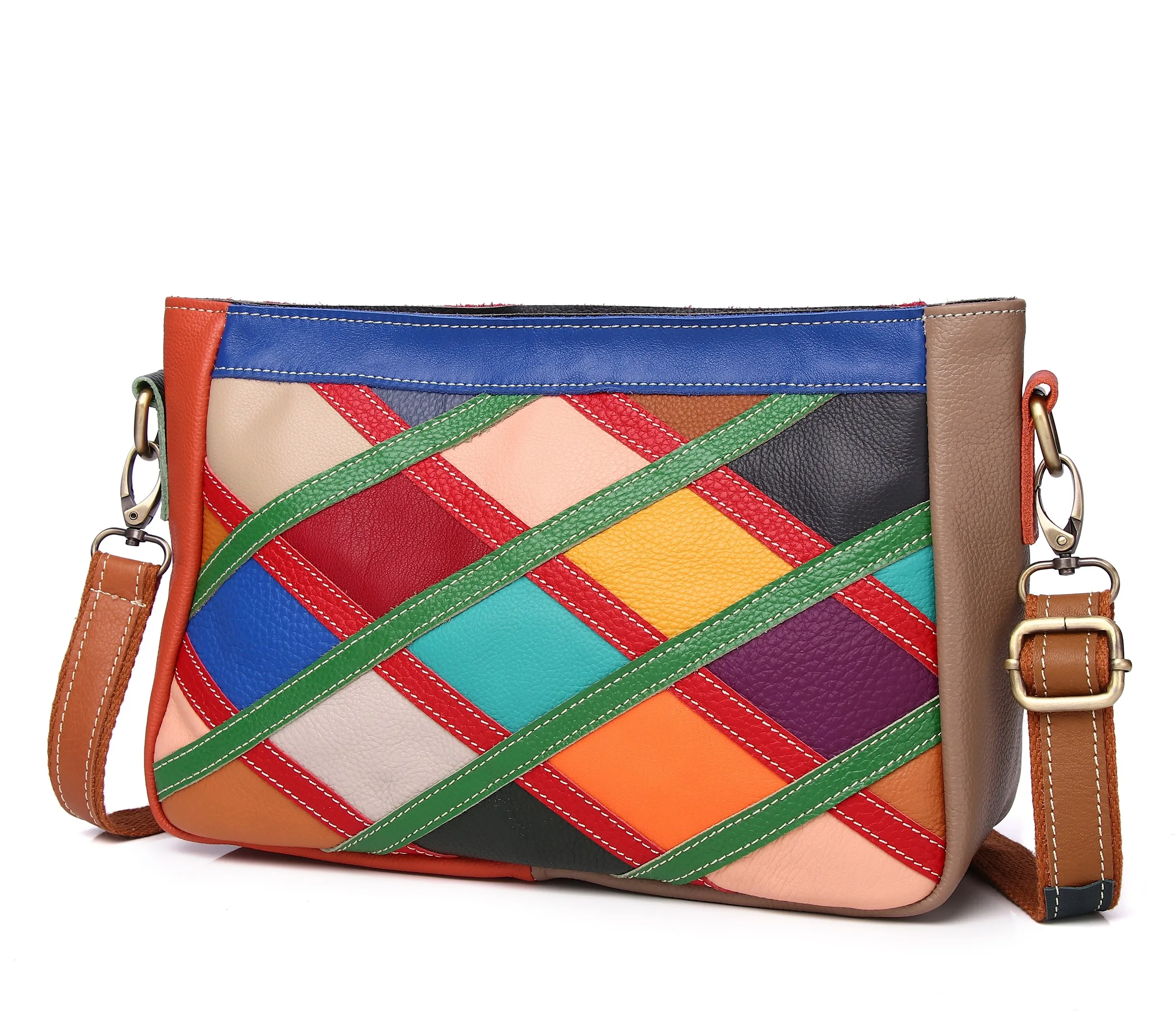 

New Diamond Pattern Leather Spliced Color Envelope Bag Casual Ethnic Style Cowhide Single Shoulder Slant Cross Women's B...