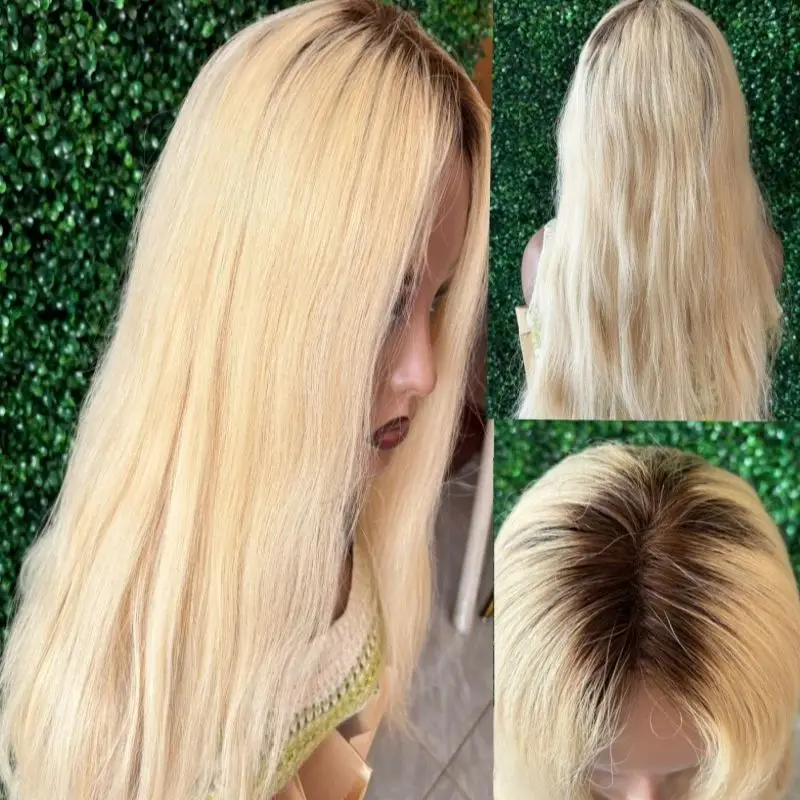 24 Inch Donkere Wortel Lange Rechte Synthetische Haar Kanten Pruiken Voor Vrouwen Ombre As Blonde Gekleurde Accent Pruik Kant Frontale Pruik