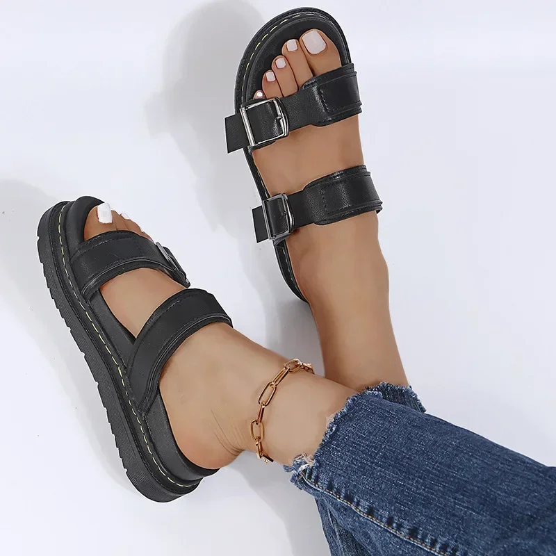 2024 Summer New Women\'s Beach Flat Bottom Roman Slippers Thick Base Sports Slippers Wear-resistant Rubber Sole Beach Shoes