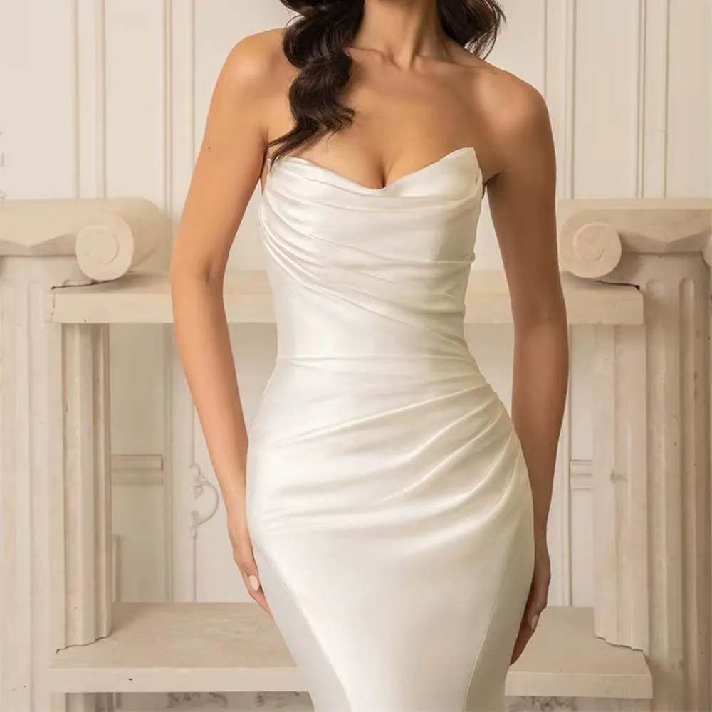 فستان زفاف مخصص بدون حمالات على شكل قارب للنساء العروس من الساتان حورية البحر أنيق بأزرار خلفية بطول الأرض فستان زفاف #3