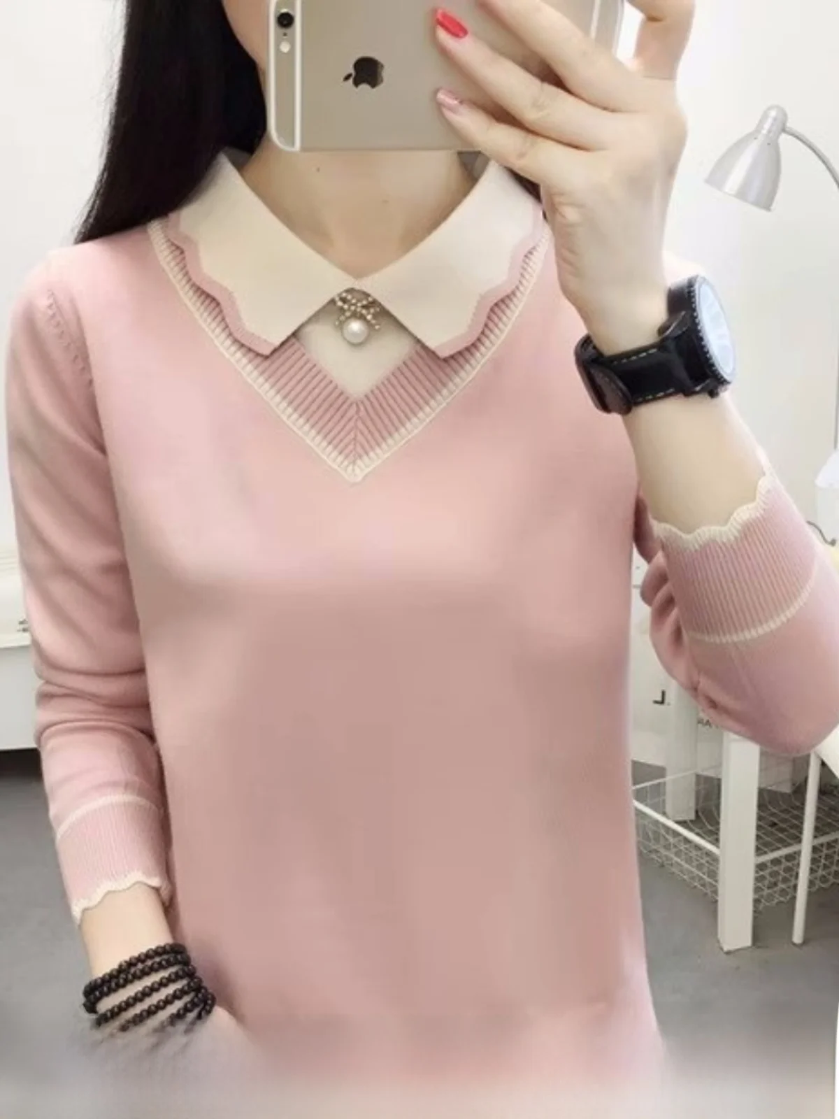 Autumn Winter Women's Knitted Sweater Fake Two-Piece Base irt Sweet Sle Slim Fit Long Sve  Collar Ultra ort Length