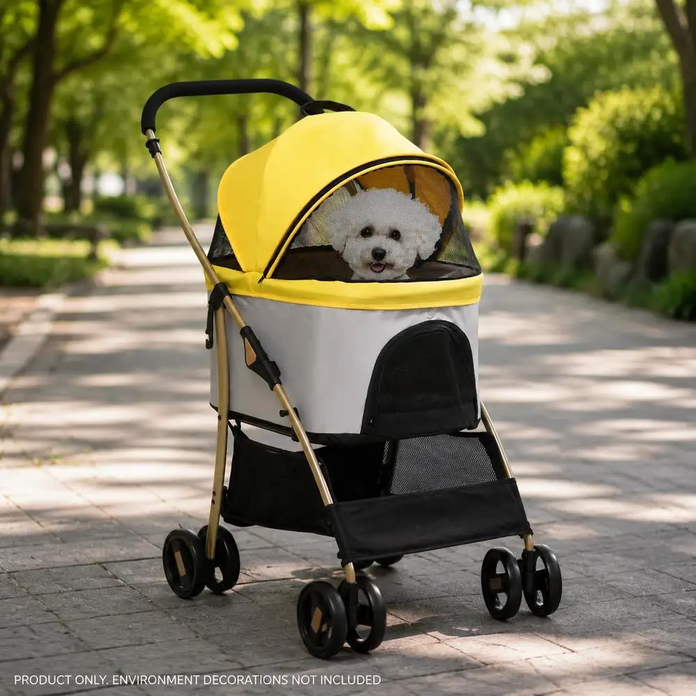 Poussette/chariot pour chien 2-en-1, pliable, 1 panier, 1 sac, 82 cm x 49,5 cm x 98 cm, jaune