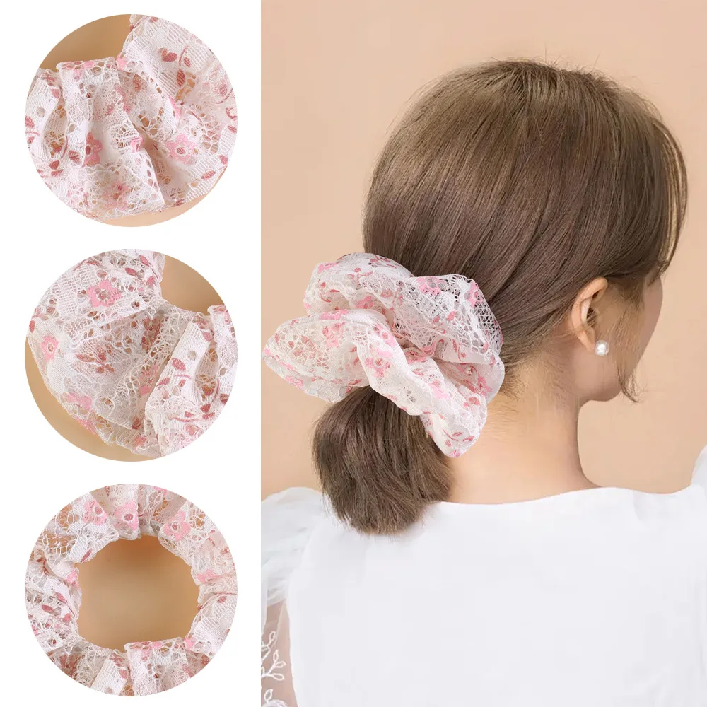 Lace Floral Print Hairbands Korean Fashion Women Hair Scrunchies Elastic Rubber Bands Hair Ropes Headwear Styling Accessories