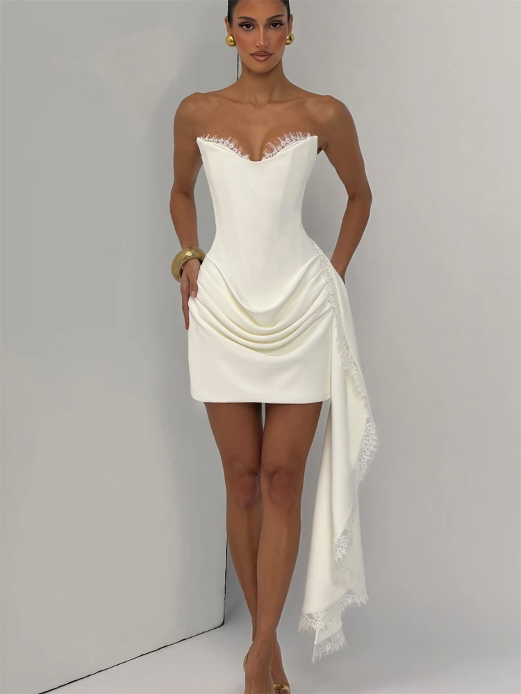 Sexy Women Lace Trim Patchwork Strapless Corset Mini Dress Back Lace-up Satin Ruched Bodycon Gown Evening Club Party Dresses