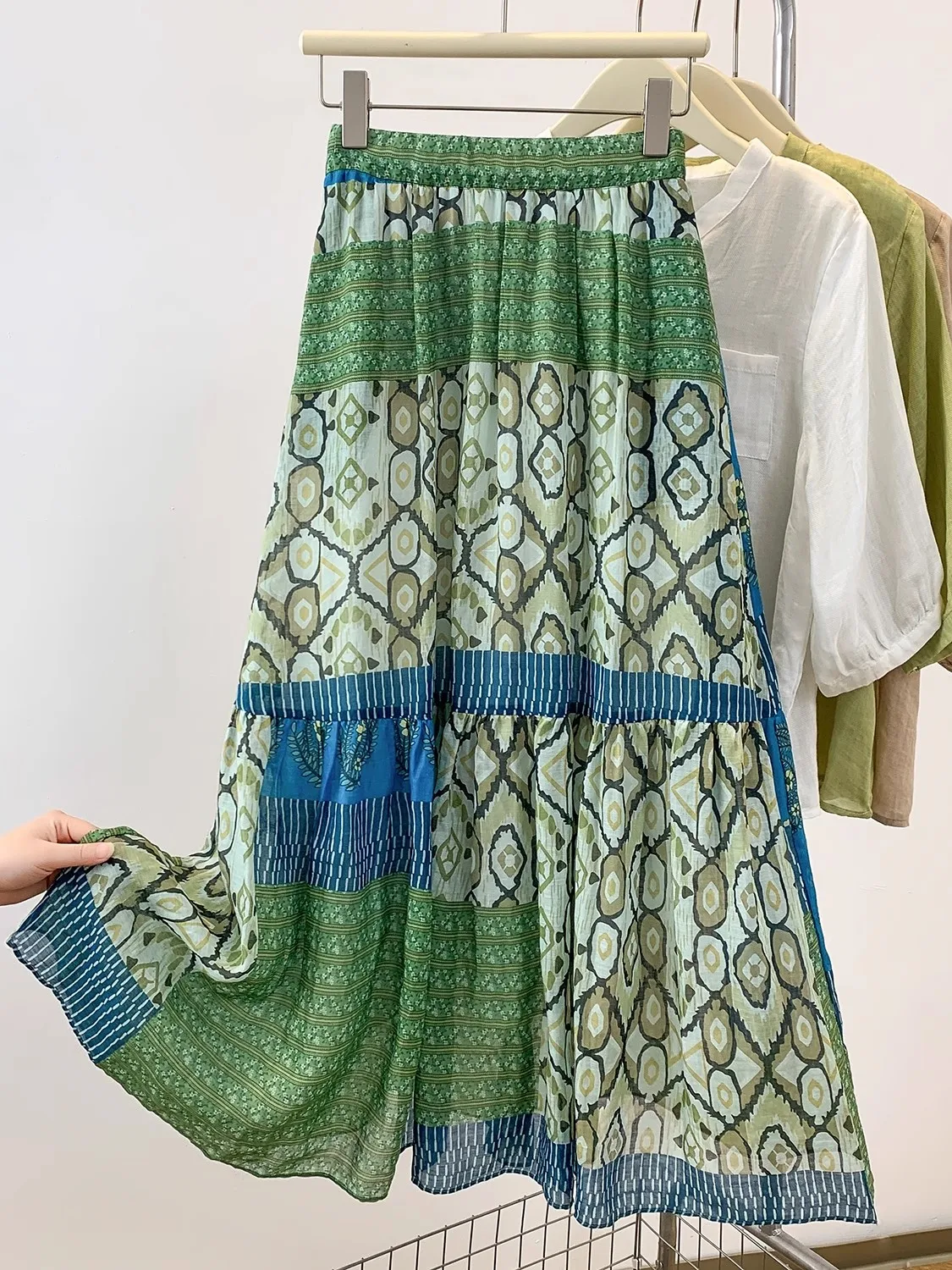 2026 Summer Ramie Skirt For Women's Vacation Style With Elastic Waist Printed Large Swing A-Line Umbrella Skirt w083