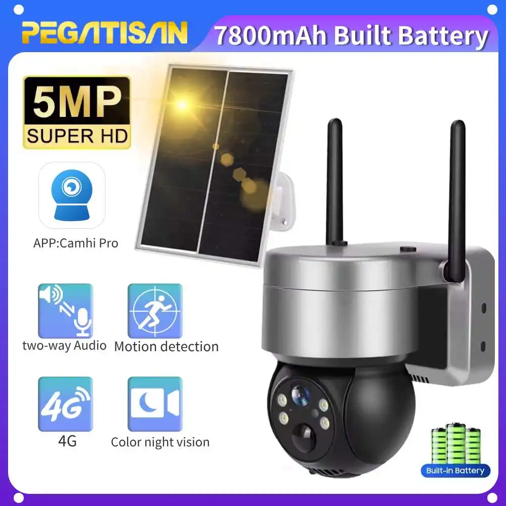 PEGATISAN 4G Solar Camera Outdoor 5MP HD Wireless IP Camera Solar Panel IR PHuman Detection Security Waterproof Cam Camhi Pro