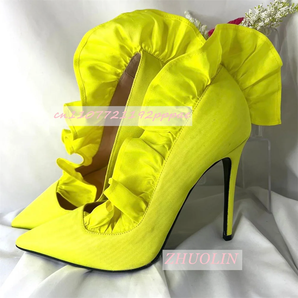 Women'S Solid Color Ruffled High Heels Pointed Toe Stilettos Shallow Pumps Party Dress Trendy Large Size Shoes Zapatos Mujer 46