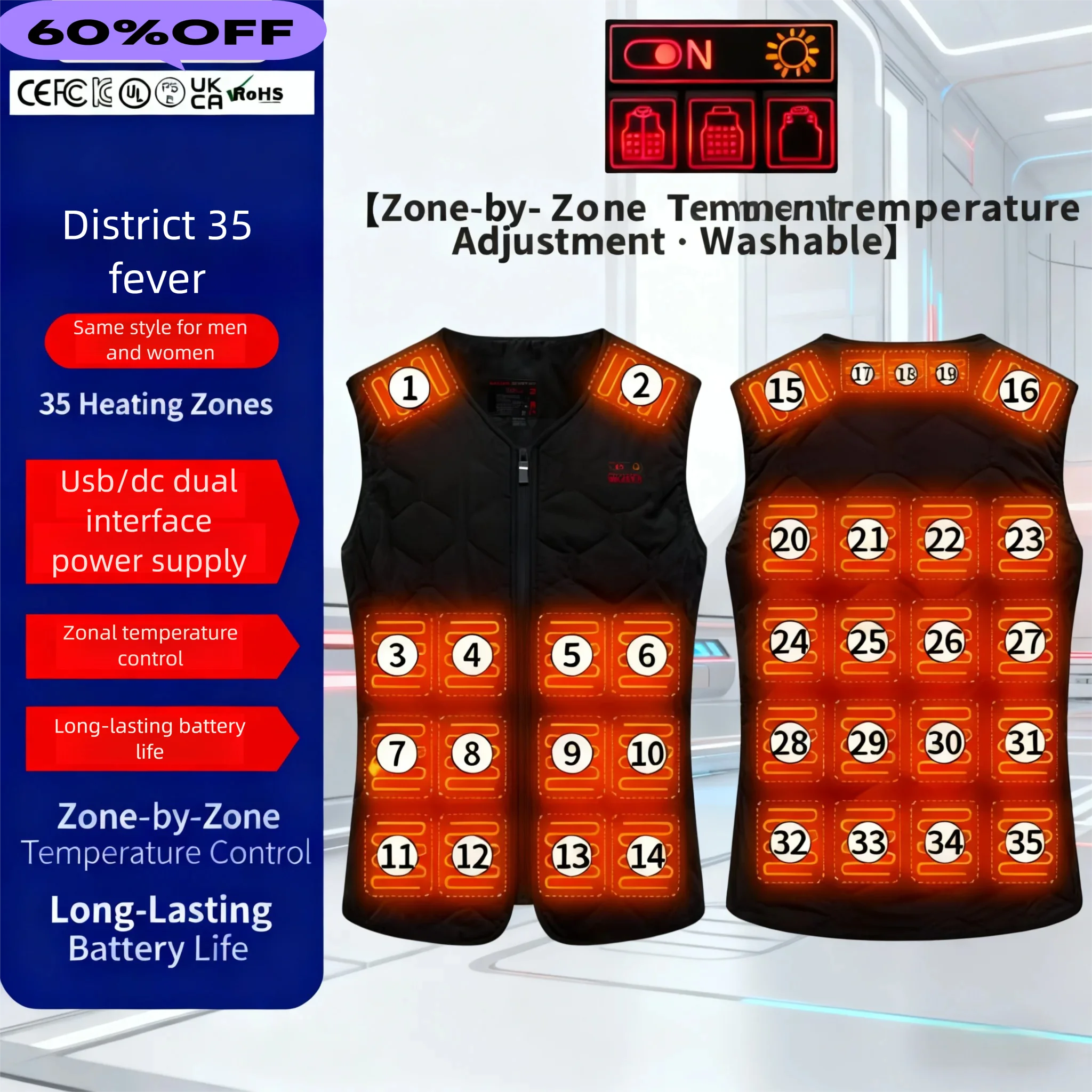 

Умный жилет с подогревом на 35-зон — зимняя одежда унисекс с двойным управлением, зарядкой через USB и регулировкой термостата. За исключением блока питания.