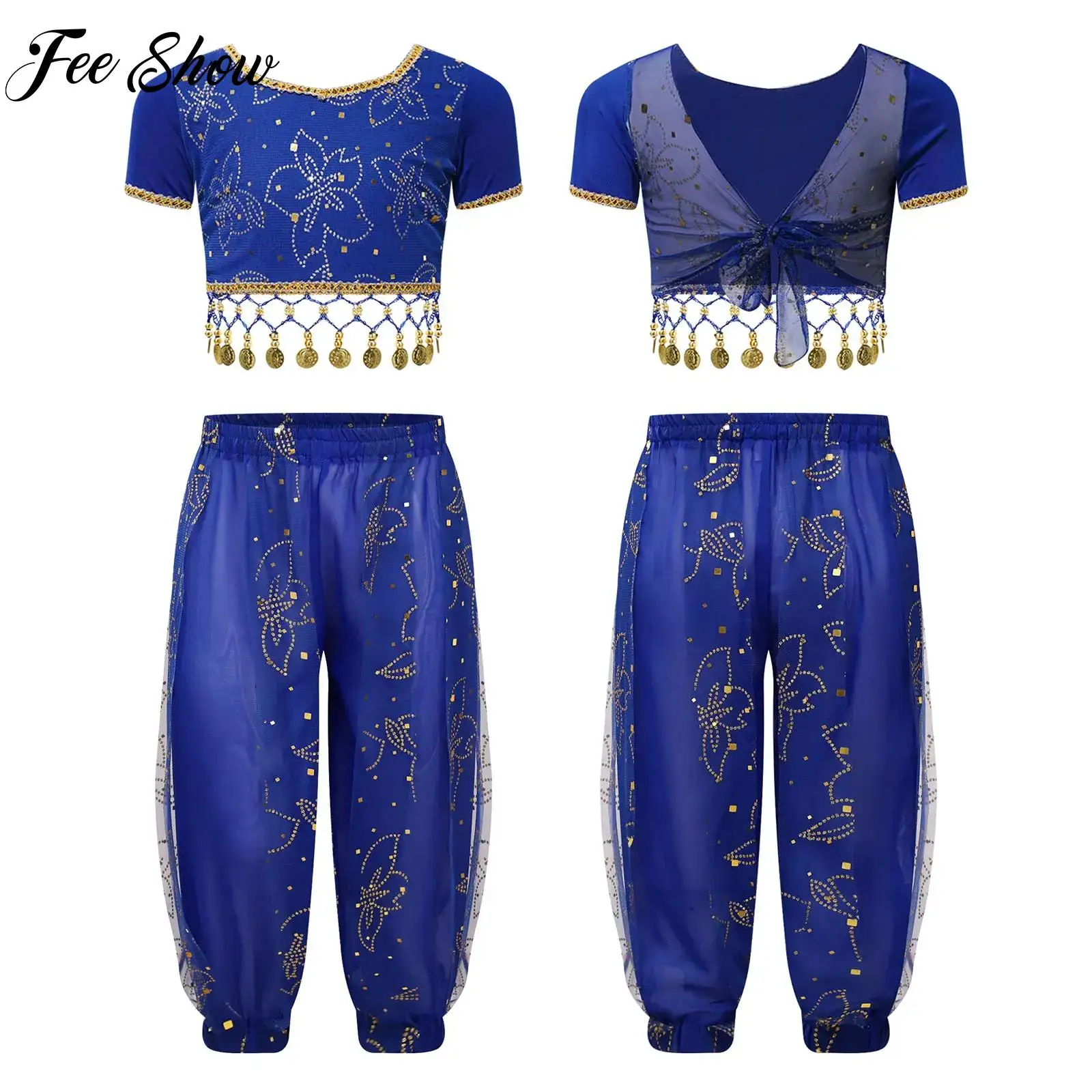 

Наряды для танца живота для девочек, укороченный топ с короткими рукавами и блестящими пайетками и шаровары, брюки, поясная цепочка, комплект для Хэллоуина, карнавала, вечеринки