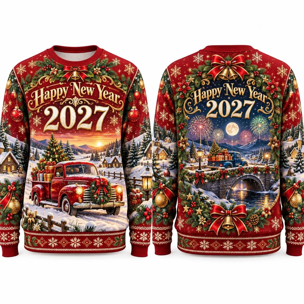 New Vintage Truck Christmas Tree Graphic Ugly Christmas Sweater for Happy New Year 2027 Sweaters with Snow and Ribbon Detail