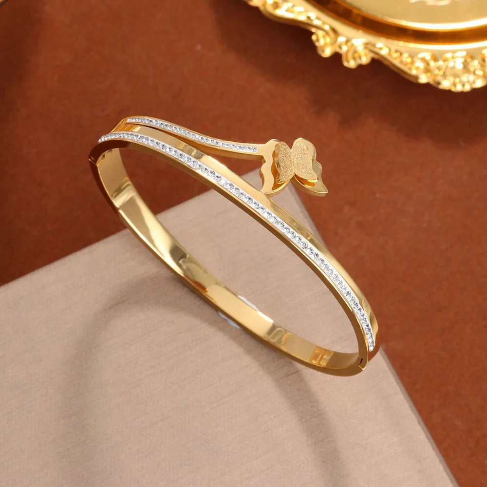 

Luxury Crystal Butterfly Bangle Women's Stainless Steel Spring Buckle Cuff Bracelets Jewelry Valentine's Day Gifts Wholesale