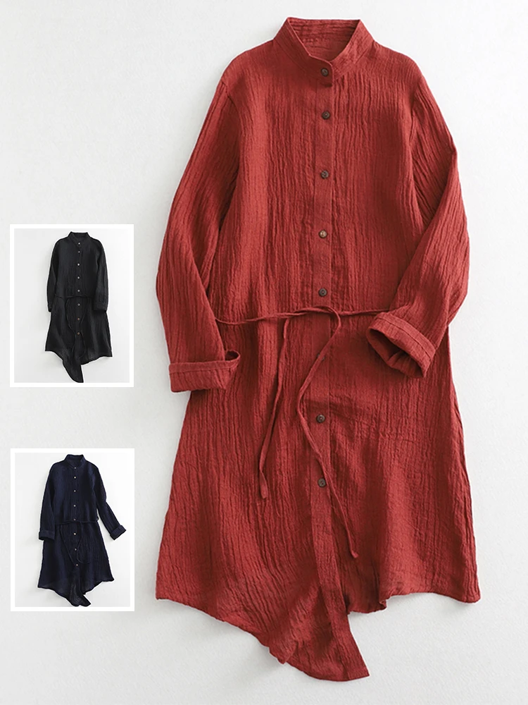 Spring Summer Textured  Color Midi irt Jaet Women's Original Design Loose Fit Long Sve Stand Collar Open Cardigan