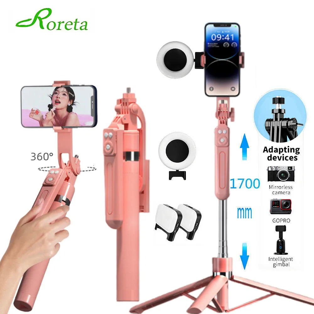 روريتا 360 °   حامل لاسلكي لعصا سيلفي بطول 1.7 متر مع حامل ثلاثي القوائم قابل للتمديد وجهاز تحكم عن بعد مزود بتقنية البلوتوث الخفيفة للبث المباشر لهاتف iPhone