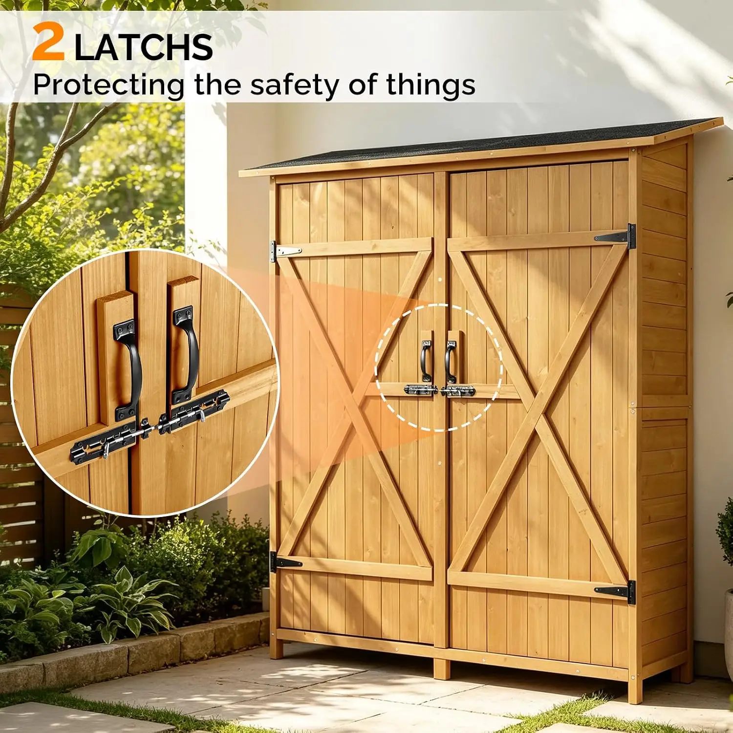 Upgraded Outdoor Wooden Storage Shed Extra Large Garden Tool Cabinet Storage Organizer With Safety Latches For Backyard Patio Lawn Lawn Mower Garden Tools, Teak