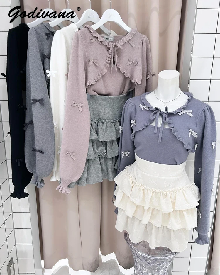 Japanese Style New Autumn Female Sweet Bow Fungus Edge Chest Strap Short Knitted Cardigan Suspender Vest Two-piece Set Sweaters