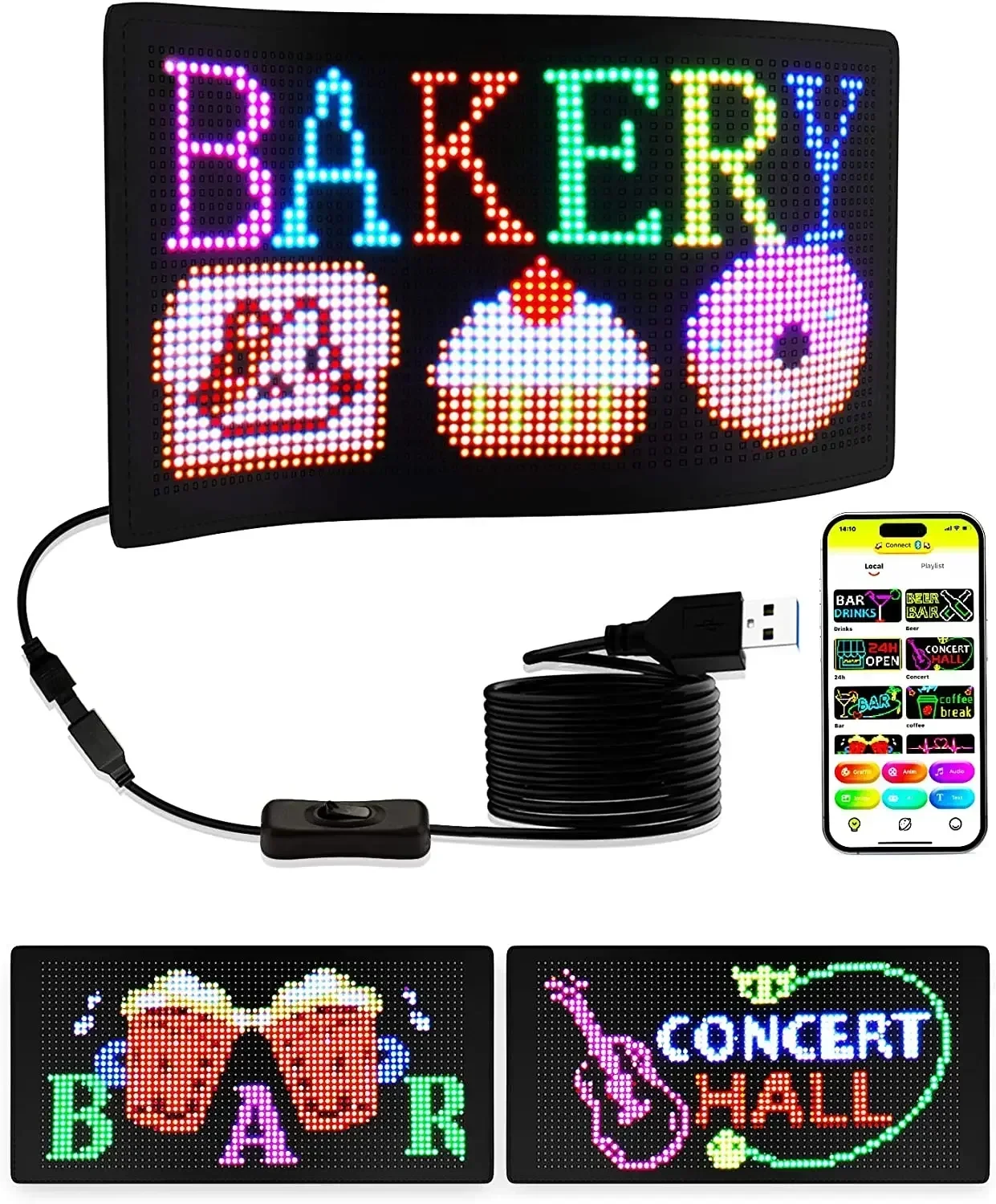 Panneau de pixels LED USB flexible, Bluetooth, modèle RVB adressable, graffiti, défilement, texte, animation, affichage, magasin de voiture, 5V