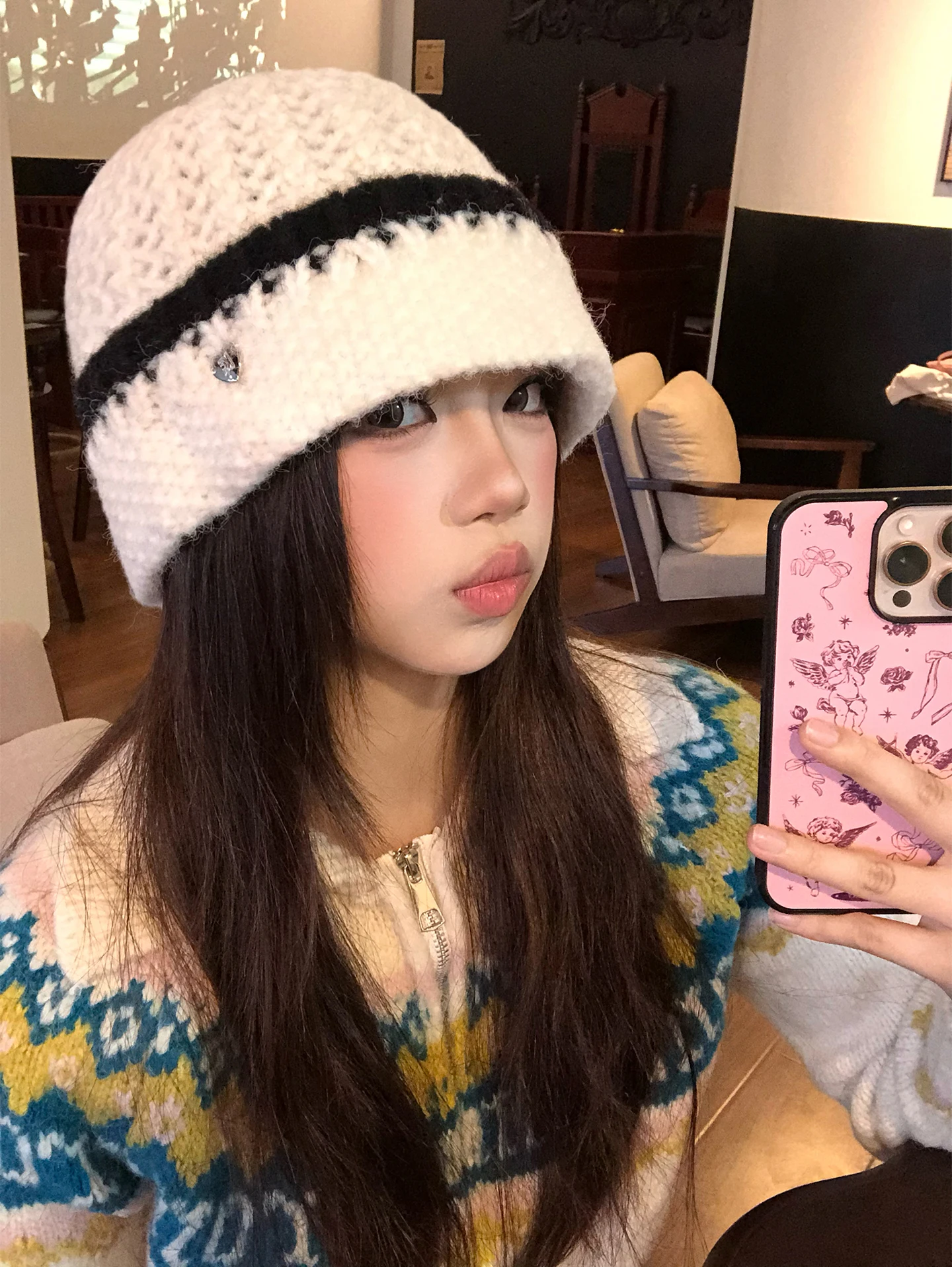 Korean Style Women's Knitted Woolen Hat Winter Warm Face Slimming Overhead Cap Large Head Size Autumn Winter No-Brow Thermal Hat