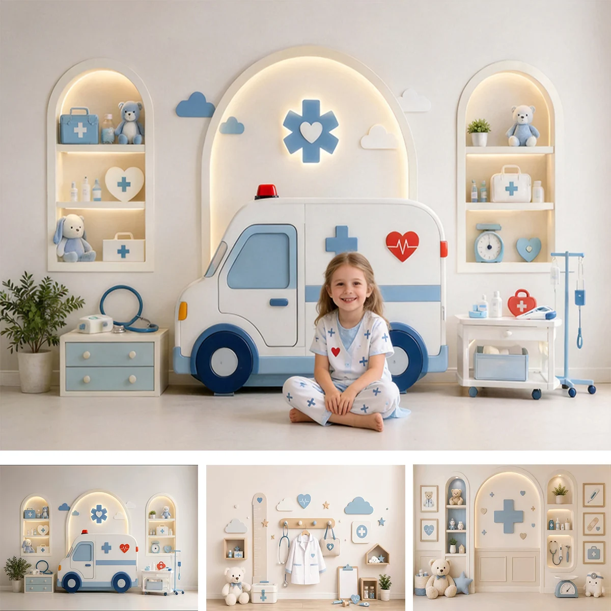 Soft Light Blue Children Medical Ambulance Nursery Photo Backdrop Cute Bear Decor For Newborn Baby Kids Portrait Studio Shoots