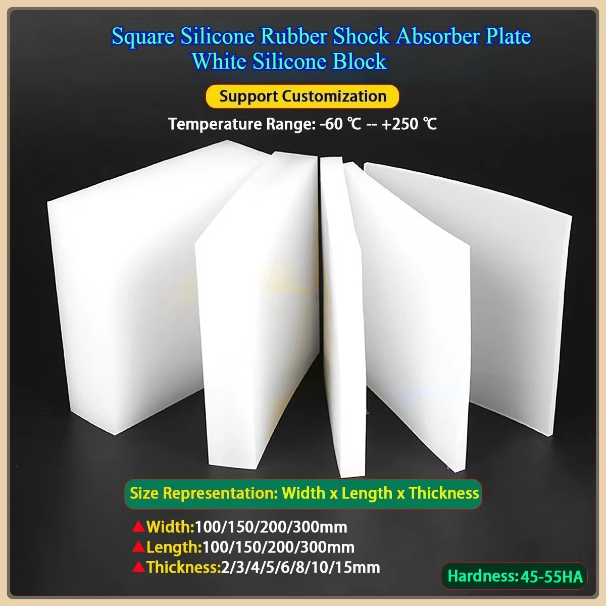 

White Silicone Block Square Silicone Rubber Shock Absorber Plate, Thk2/3/4/5/6/8/10/15mm L/100/150/200/300mm W/100/150/200/300mm