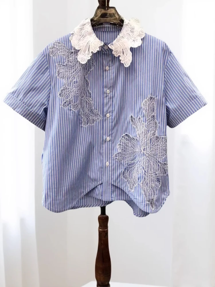 

French Elegant Shirts Irregular Lace Embroidery Peter Pan Collar Short Sleeve Blouses 2025 Summer New All Match Women's Clothing