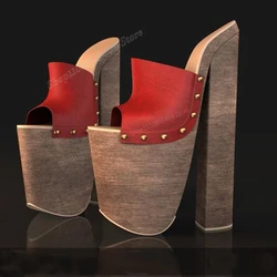 Red Round Rivets Platform Peep Toe Slippers Chunky High Heel Slip-on Fashion Sexy Women Shoes 2024 Summer Zapatos Para Mujere