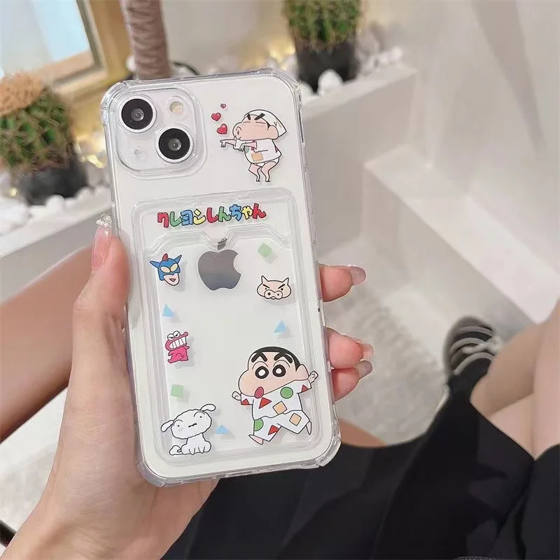 Crayon Shin-Chan iPhone15 Phone Case Kawaii Anime Cartoon 13 14Pro Max Plus Transparent Card Sleeve Phone Protective Shell Gifts