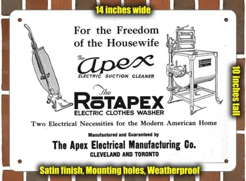 Metal Sign - 1920 Apex Vacuum Cleaner and Washing Machine- 10x14 inches