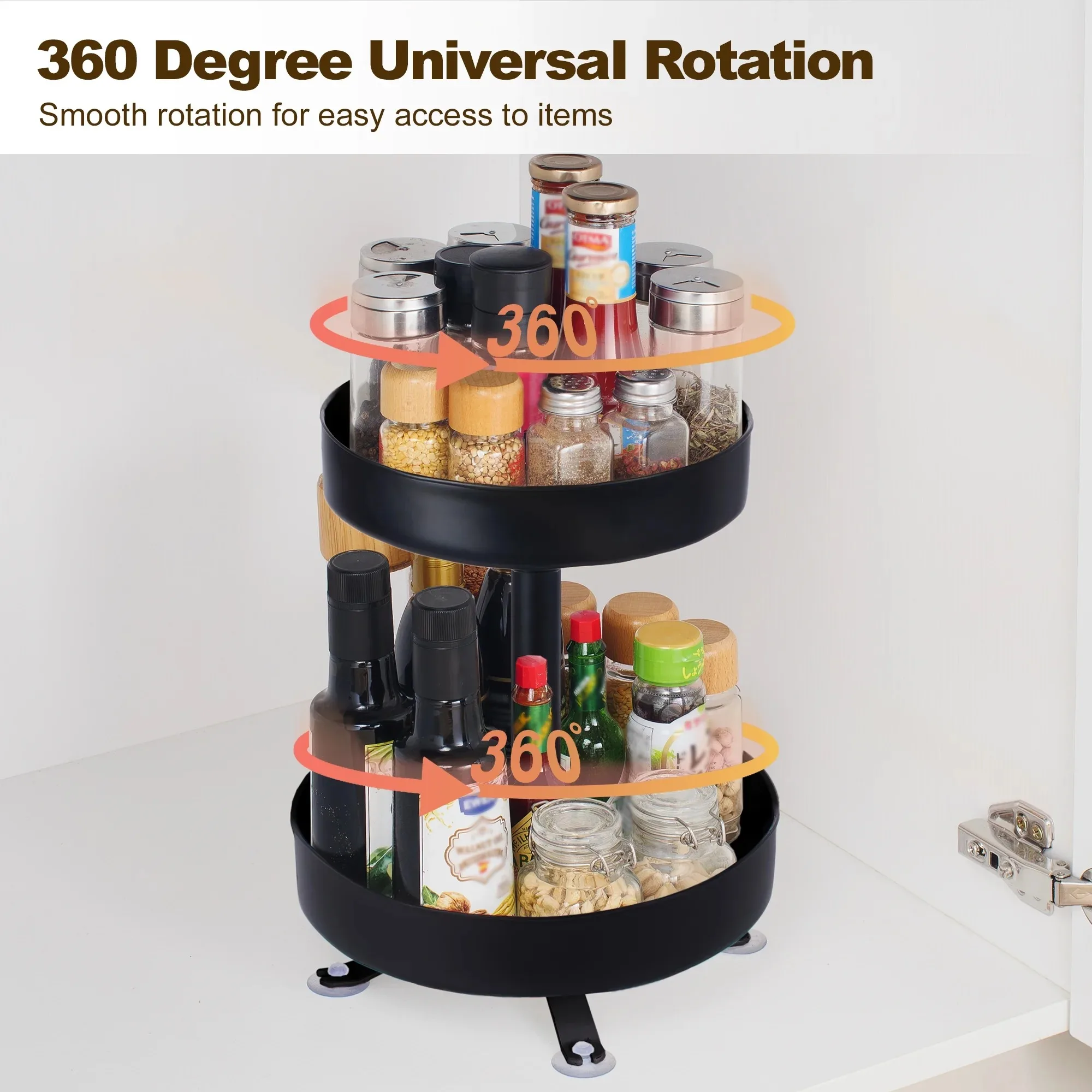 رف توابل دوار بطبقتين، منظم توابل دوار مقاس 10 بوصة، مساحة تخزين لطاولة المطبخ، أسود