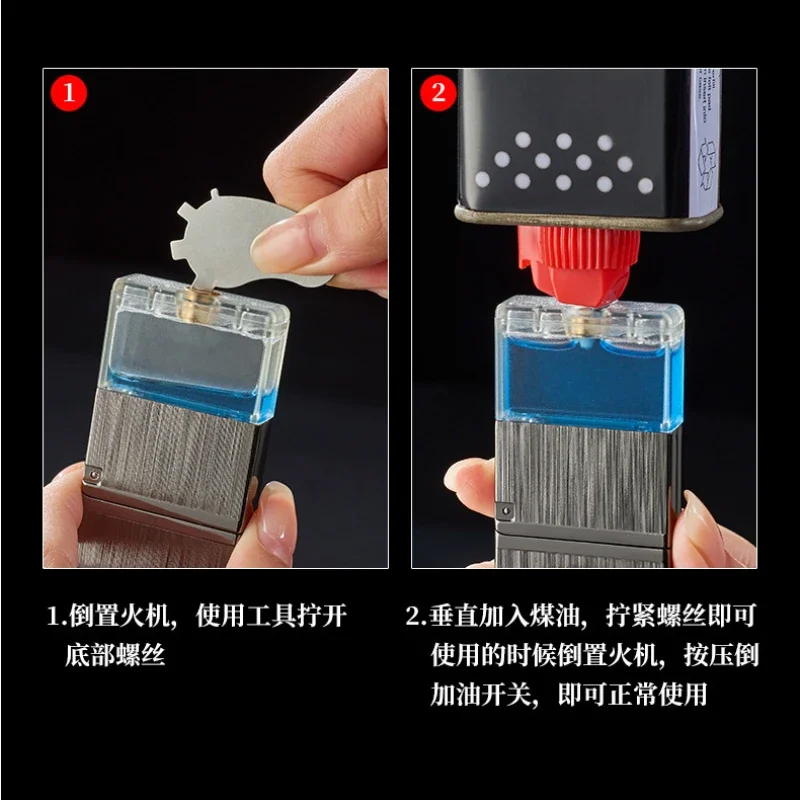 Creative Clear Fuel Tank Lighter, Metal, Open Lid Crisp, Antique Grinding Wheel Cotton Oil Lighter, Fashion Gift for Men - Image 6