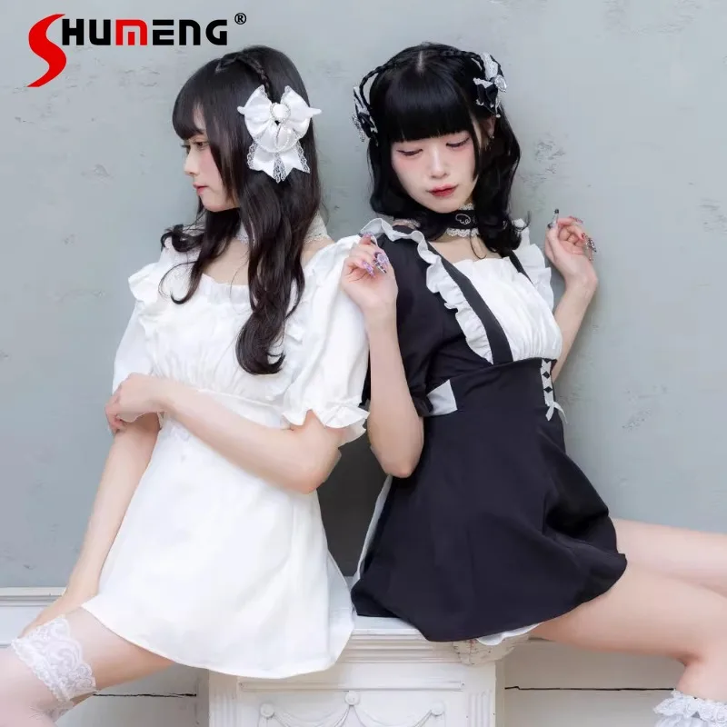 Japanese Sweet Lolita Two-Piece Set Square Collar Wooden Ear Strap Suit Short Pants Slimming Fitted Waist Bowknot Top Outfits