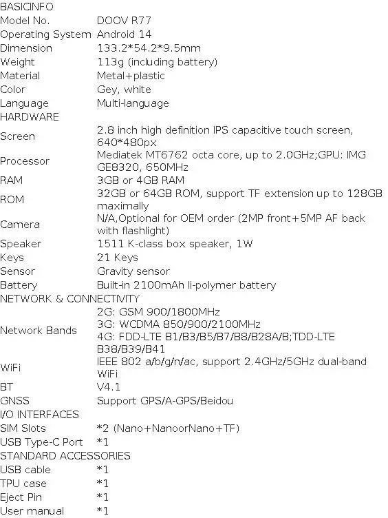DOOV R77 4G Smart Touch Screen Keypad Mobile Phone Without Camera 3GB+32GB 2100mAh 2.8 Inch Smartphone Android Hebrew Keyboard